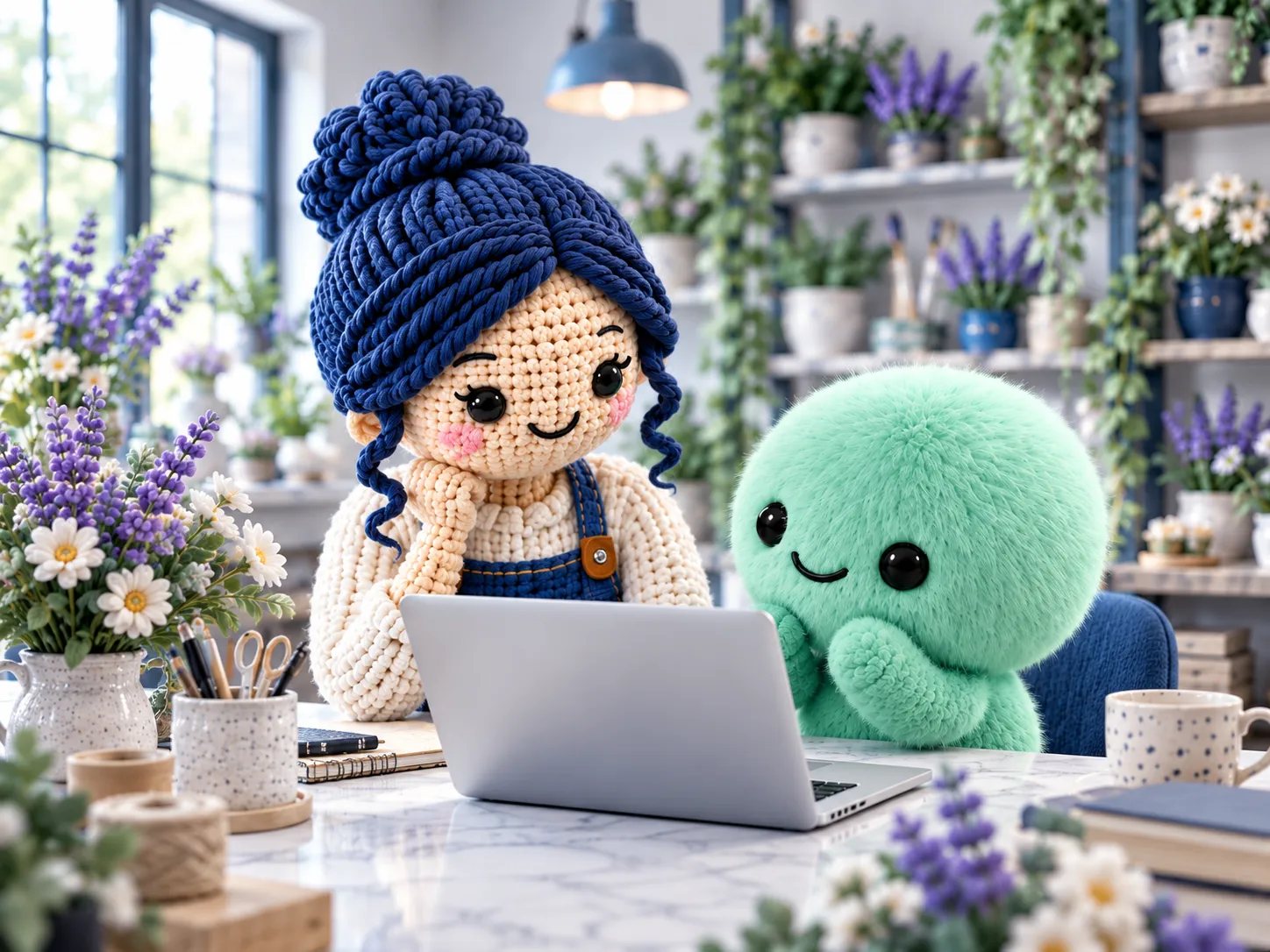 Una emprendedora trabaja en su computadora junto a Alia